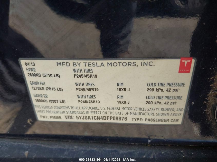 2013 Tesla Model S VIN: 5YJSA1CN4DFP09976 Lot: 39633199