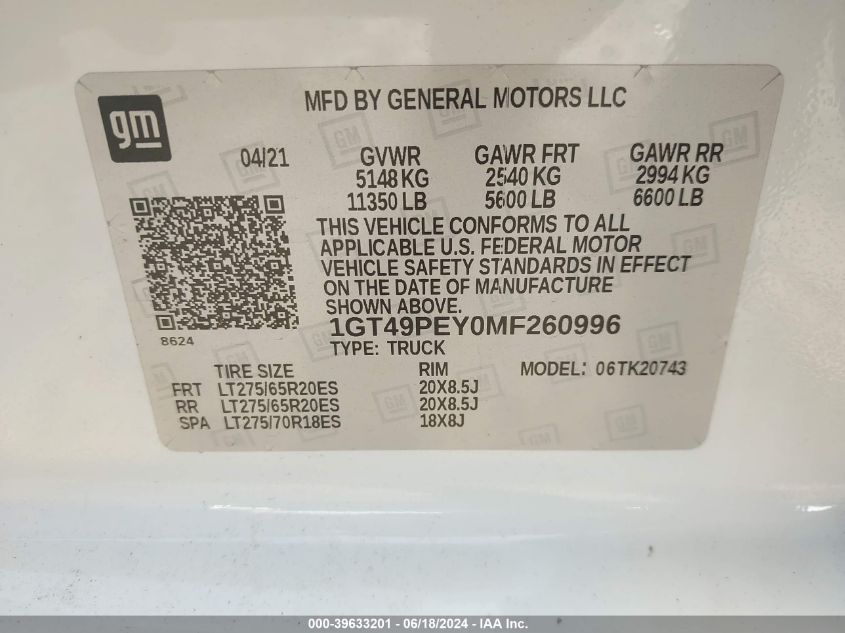 2021 GMC Sierra 2500Hd 4Wd Standard Bed At4 VIN: 1GT49PEY0MF260996 Lot: 39633201