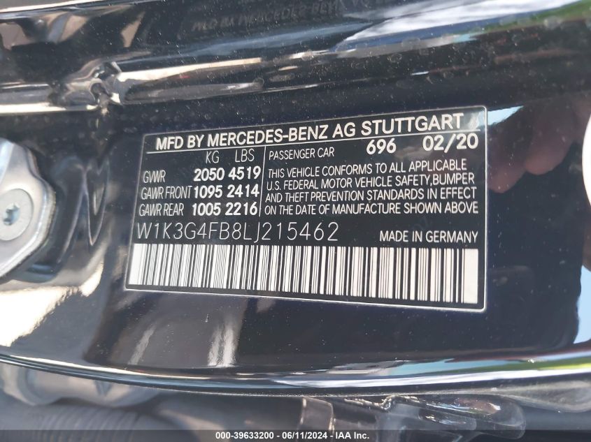 2020 Mercedes-Benz A 220 4Matic VIN: W1K3G4FB8LJ215462 Lot: 39633200