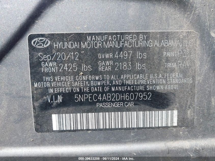 2013 Hyundai Sonata Limited 2.0T VIN: 5NPEC4AB2DH607952 Lot: 39633208