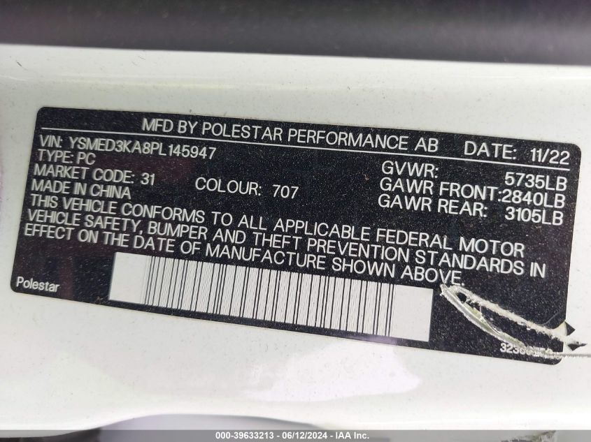 2023 Polestar 2 VIN: YSMED3KA8PL145978 Lot: 39633213