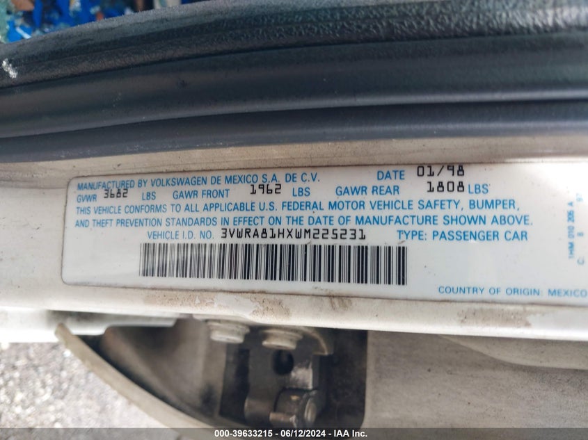 1998 Volkswagen Jetta Gl VIN: 3VWRA81HXWM225231 Lot: 39633215