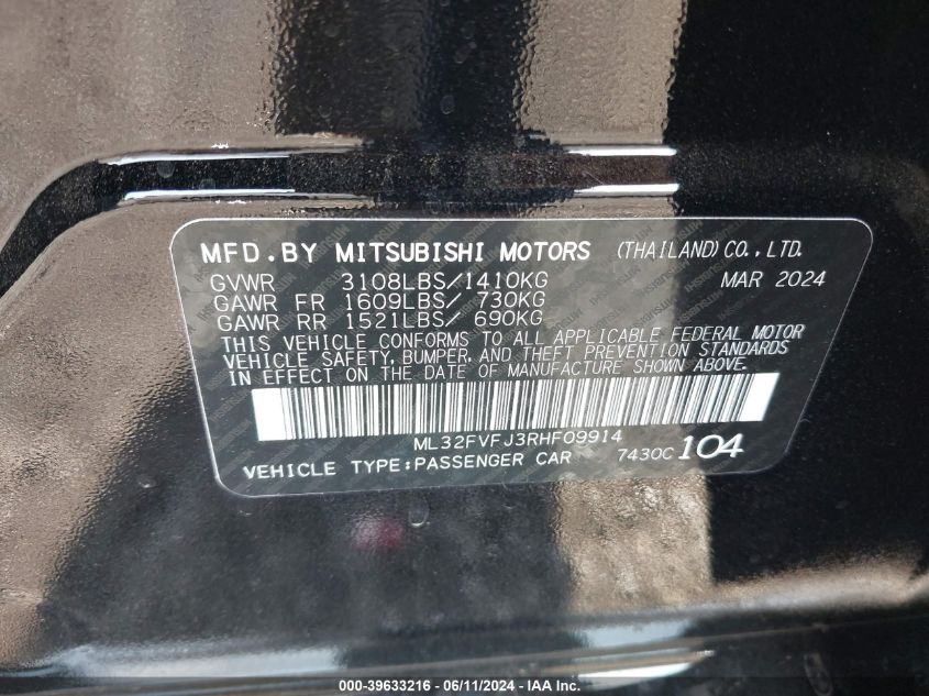 2024 Mitsubishi Mirage G4 Se VIN: ML32FVFJ3RHF09914 Lot: 39633216