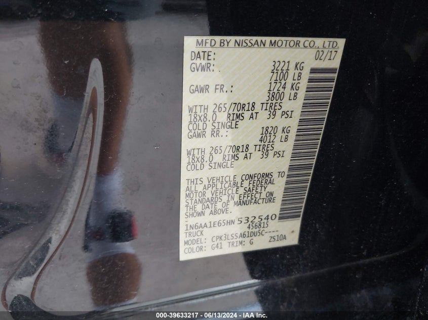 2017 Nissan Titan Sv VIN: 1N6AA1E65HN532540 Lot: 39633217