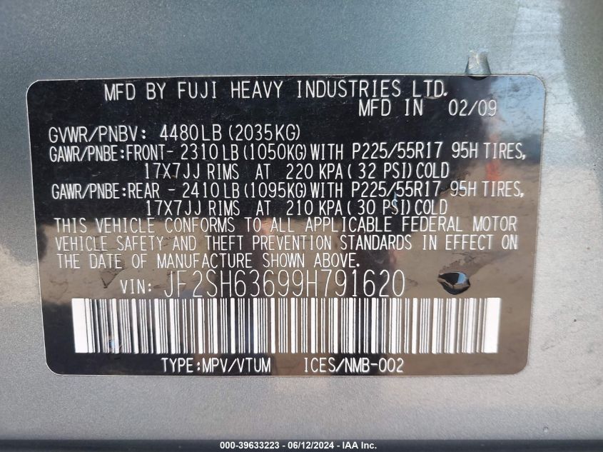 2009 Subaru Forester 2.5X VIN: JF2SH63699H791620 Lot: 39633223