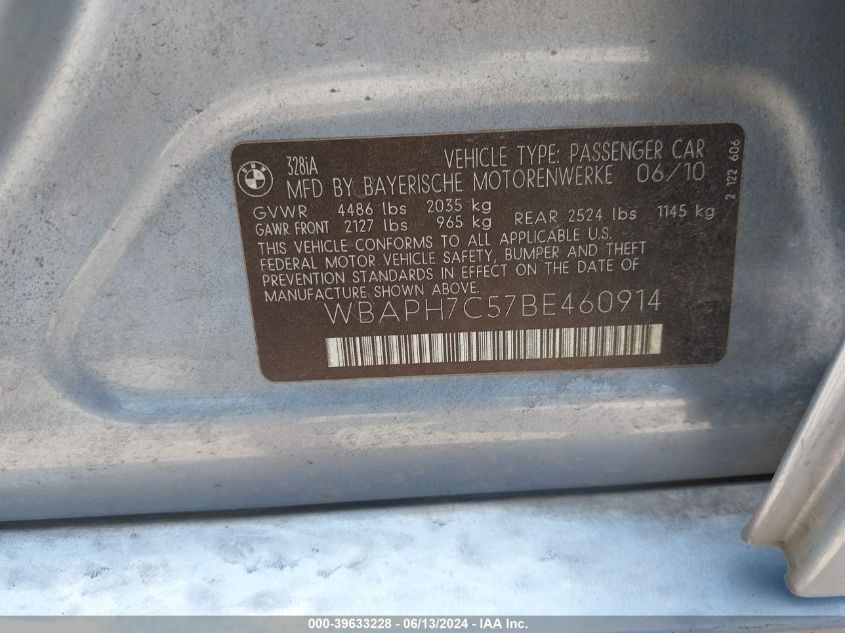 2011 BMW 328I VIN: WBAPH7C57BE460914 Lot: 39633228