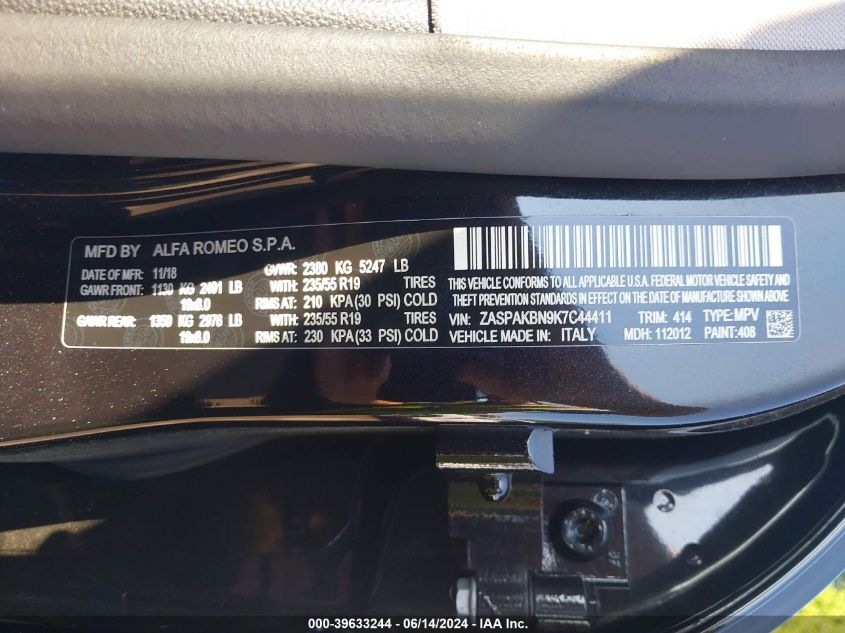 2019 Alfa Romeo Stelvio Ti Awd VIN: ZASPAKBN9K7C44411 Lot: 39633244