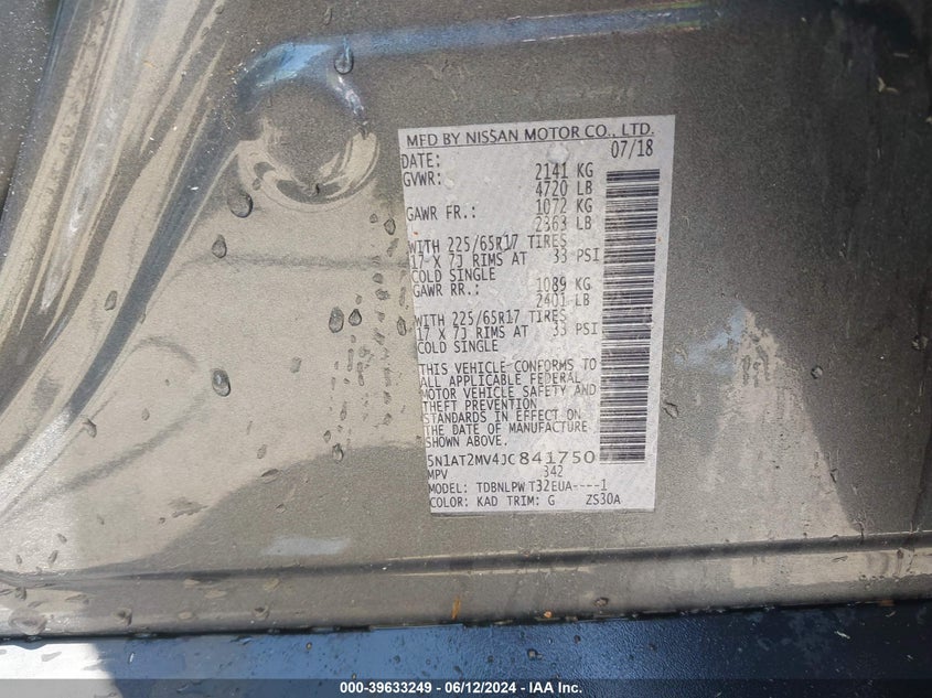 2018 Nissan Rogue S VIN: 5N1AT2MV4JC841750 Lot: 39633249