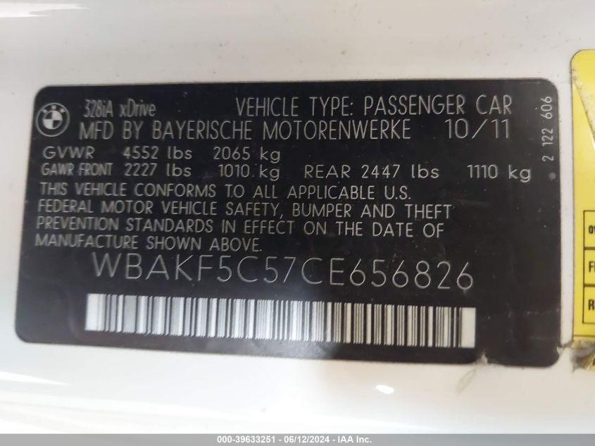 2012 BMW 328I xDrive VIN: WBAKF5C57CE656826 Lot: 39633251