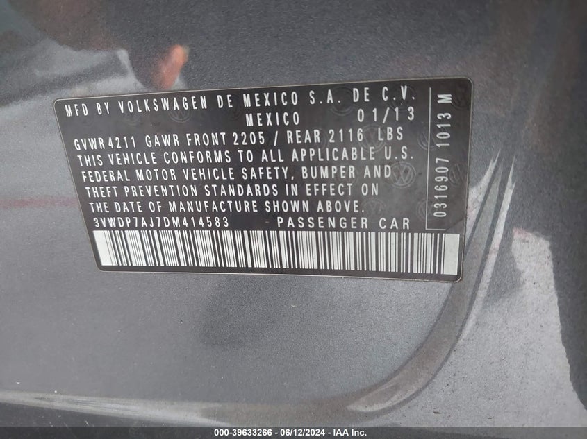 2013 Volkswagen Jetta 2.5L Se VIN: 3VWDP7AJ7DM414583 Lot: 39633266