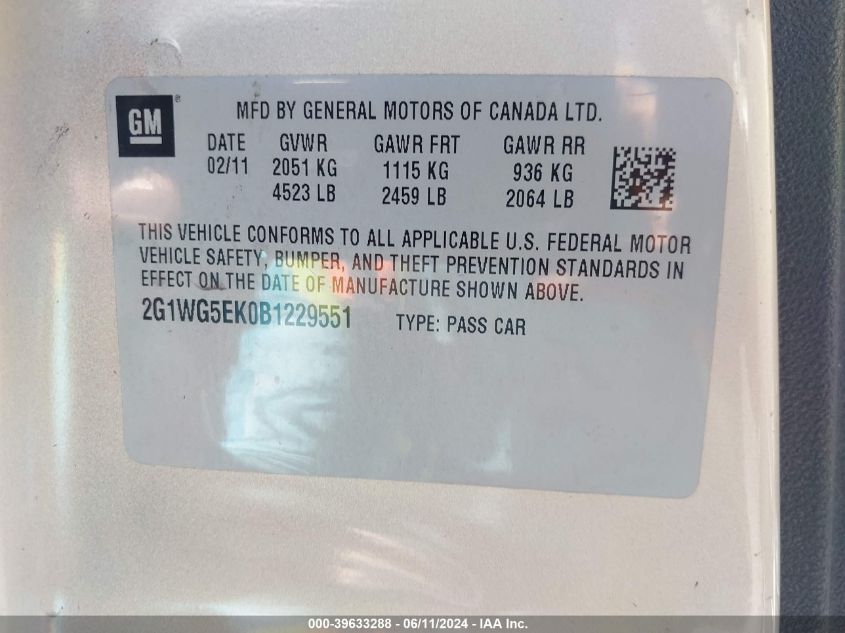 2011 Chevrolet Impala Lt VIN: 2G1WG5EK0B1229551 Lot: 39633288