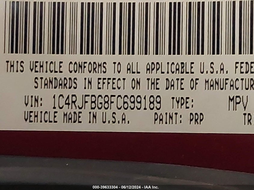 2015 Jeep Grand Cherokee Limited VIN: 1C4RJFBG8FC699189 Lot: 39633304