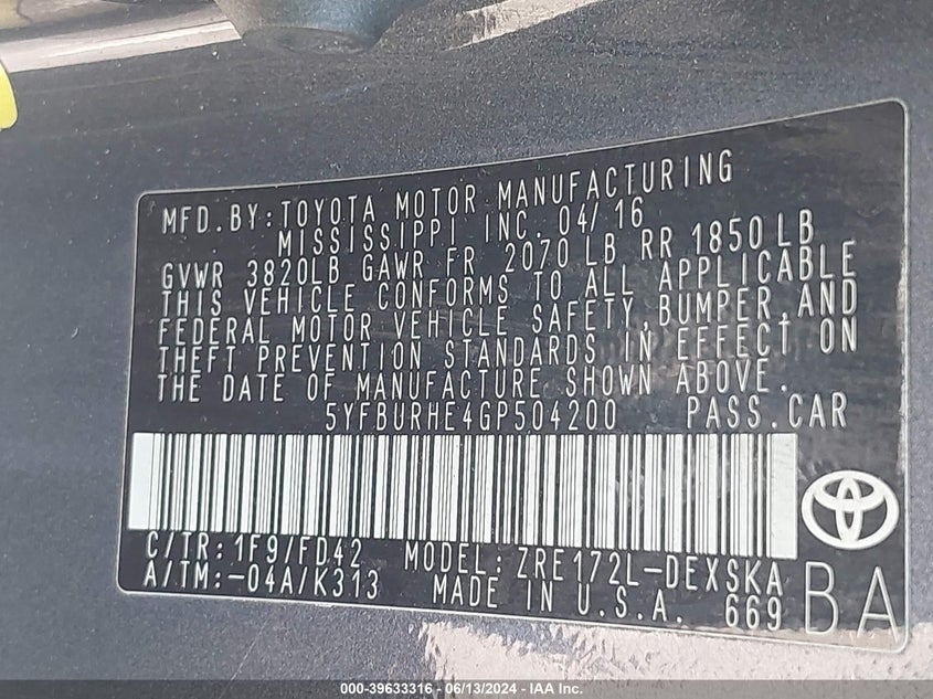 2016 Toyota Corolla S Plus VIN: 5YFBURHE4GP504200 Lot: 39633316