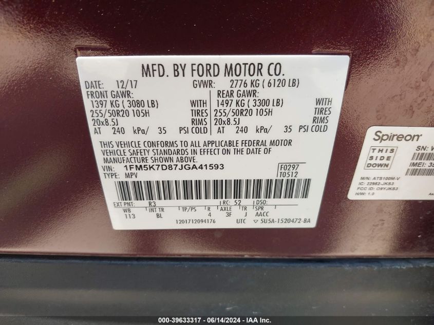 2018 Ford Explorer Xlt VIN: 1FM5K7D87JGA41593 Lot: 39633317