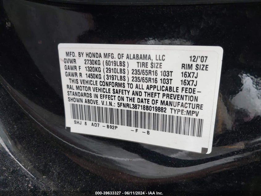 2008 Honda Odyssey Ex-L VIN: 5FNRL38718B019882 Lot: 39633327