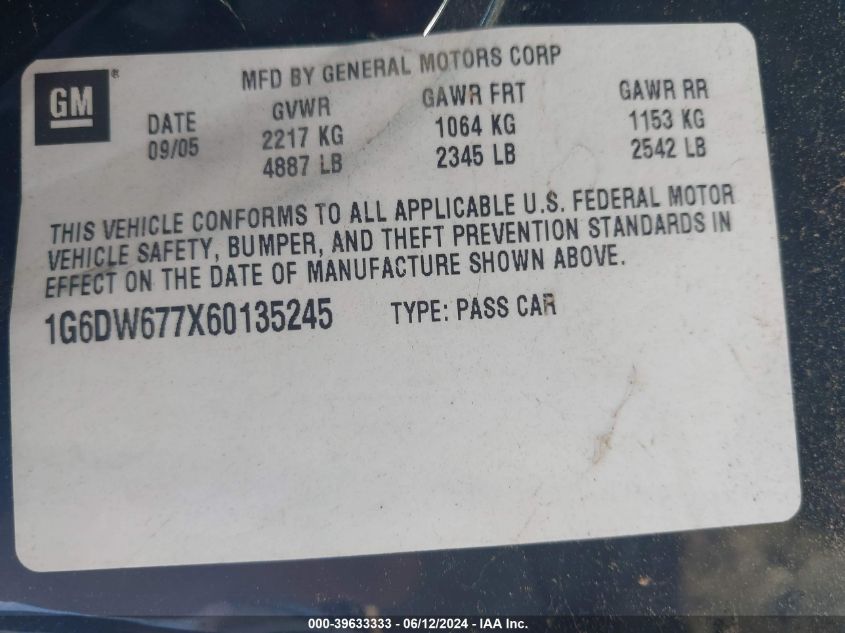 2006 Cadillac Sts VIN: 1G6DW677X60135245 Lot: 39633333