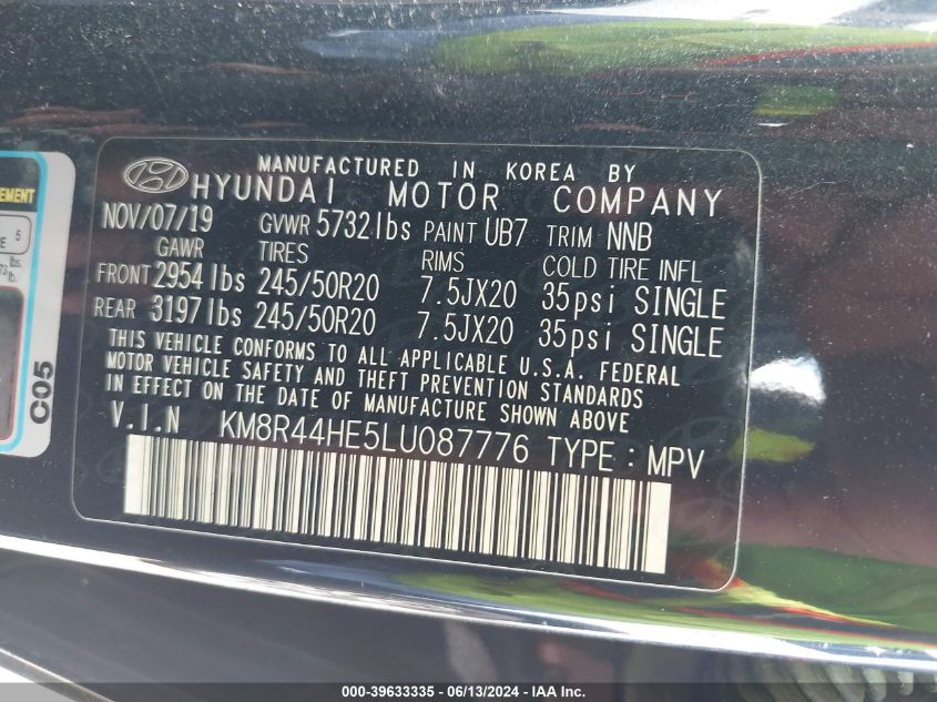 2020 Hyundai Palisade Sel VIN: KM8R44HE5LU087776 Lot: 39633335