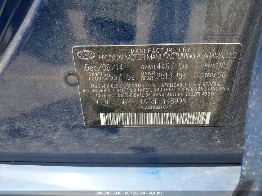 2015 Hyundai Sonata Se VIN: 5NPE24AF8FH148998 Lot: 39633340