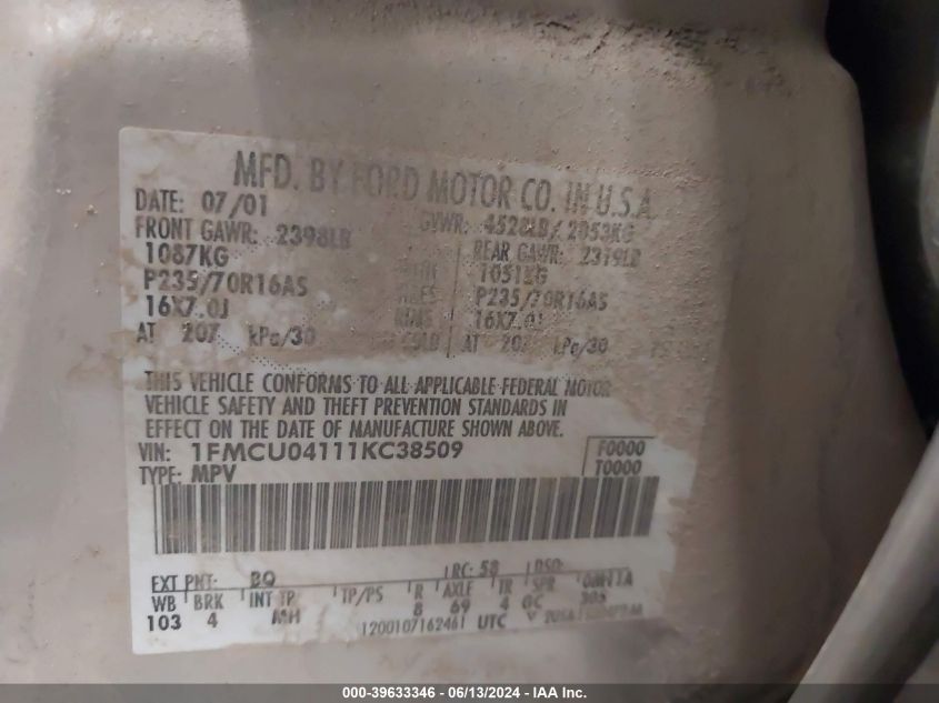 2001 Ford Escape Xlt VIN: 1FMCU04111KC38509 Lot: 39633346