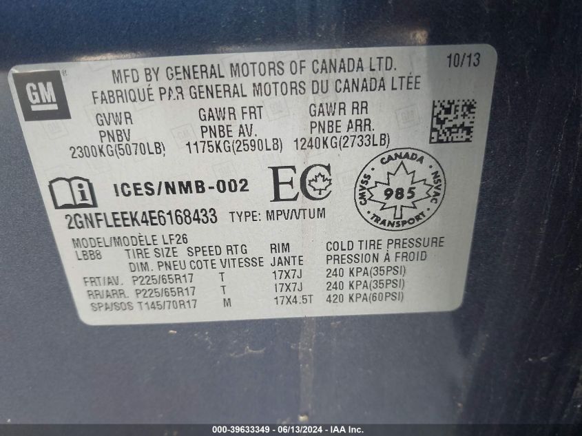 2014 Chevrolet Equinox Ls VIN: 2GNFLEEK4E6168433 Lot: 39633349