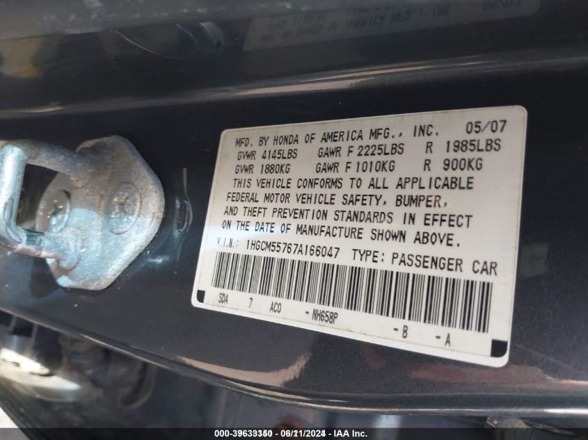 1HGCM55767A166047 2007 Honda Accord 2.4 Ex