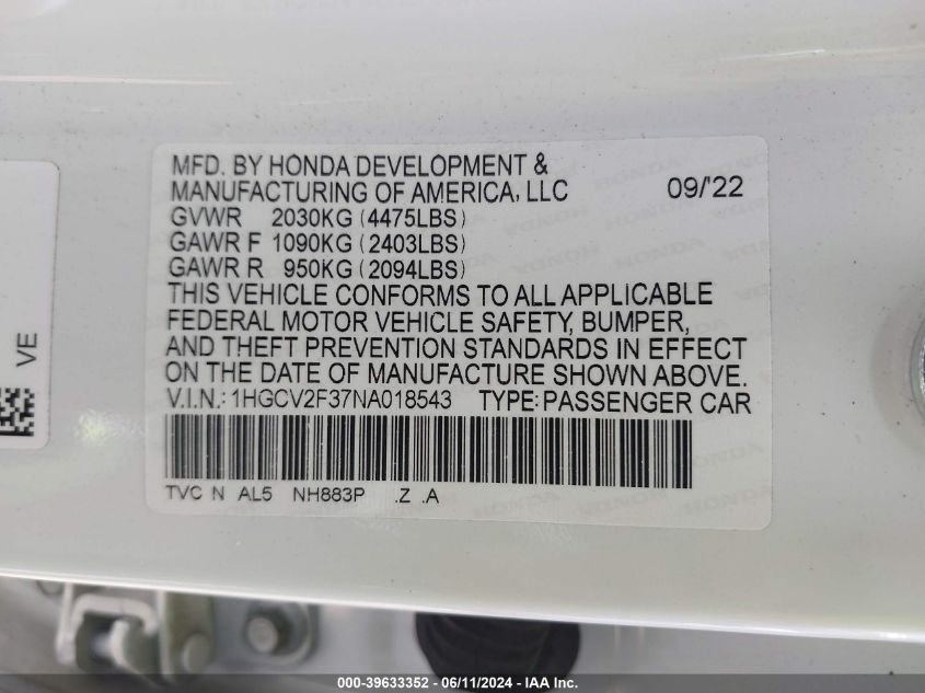 2022 Honda Accord Sport 2.0T VIN: 1HGCV2F37NA018543 Lot: 39633352