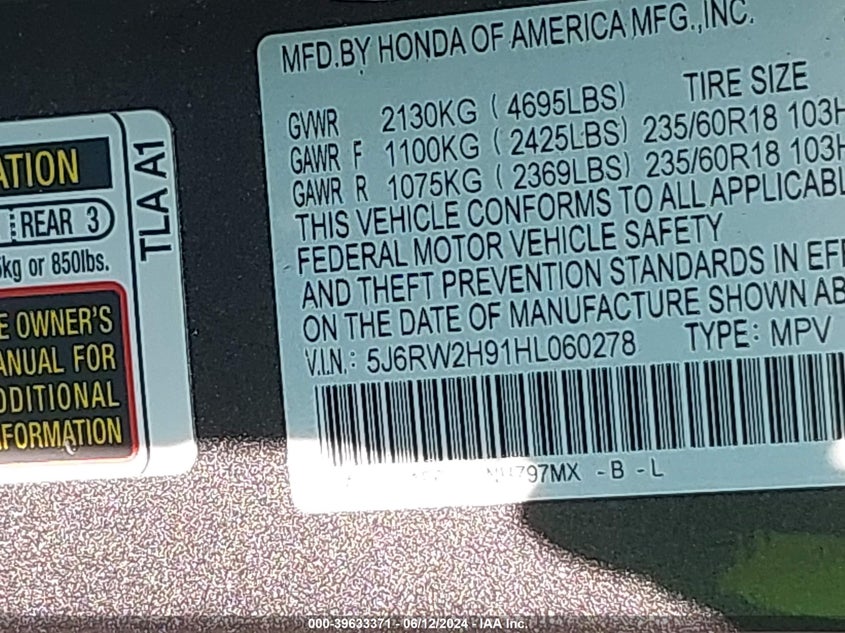 2017 HONDA CR-V TOURING - 5J6RW2H91HL060278