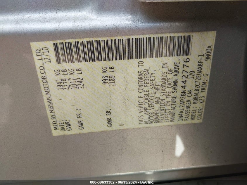 2011 Nissan Altima 2.5 S VIN: 1N4AL2AP2BN442776 Lot: 39633382