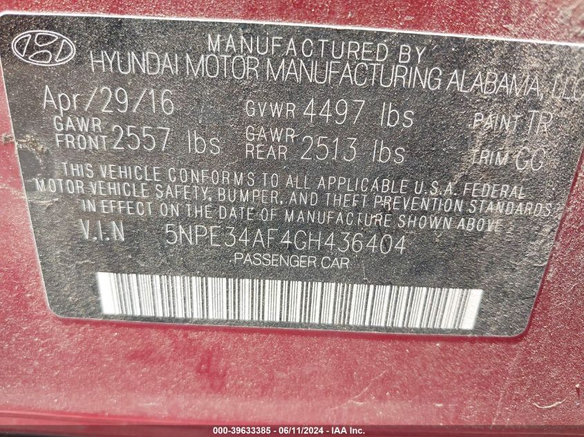 2016 Hyundai Sonata Sport VIN: 5NPE34AF4GH436404 Lot: 39633385