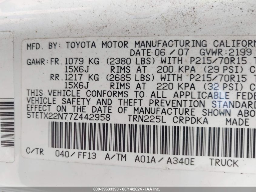 2007 Toyota Tacoma VIN: 5TETX22N77Z442958 Lot: 39633390