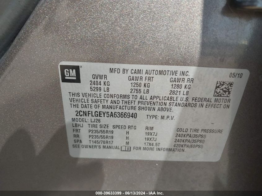 2010 Chevrolet Equinox Ltz VIN: 2CNFLGEY5A6366940 Lot: 39633399