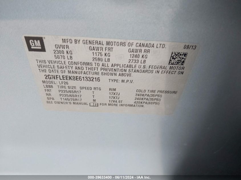 2014 Chevrolet Equinox Ls VIN: 2GNFLEEK8E6133216 Lot: 39633400