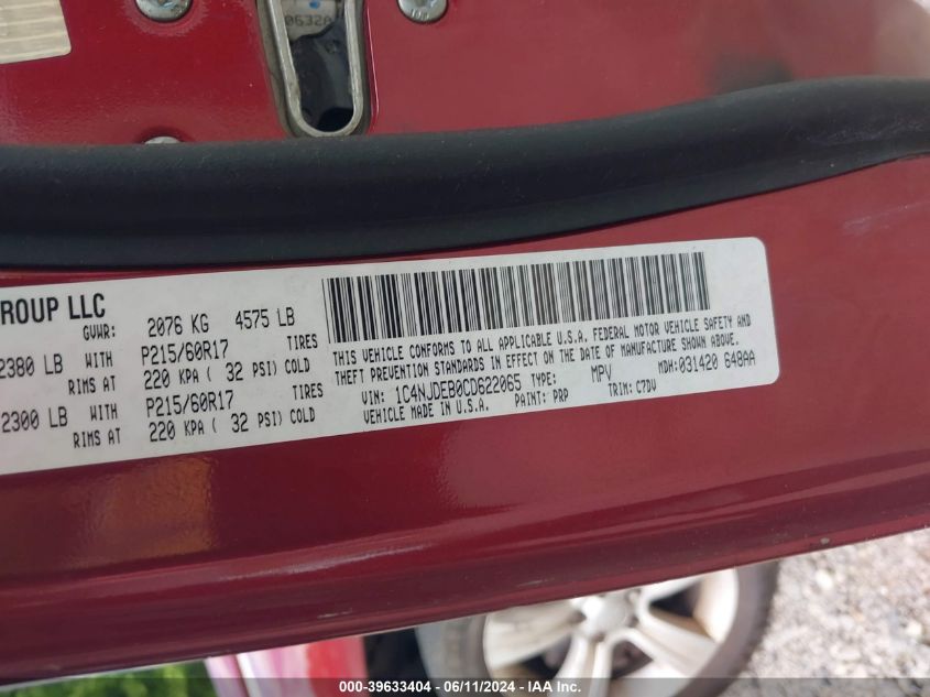 2012 Jeep Compass Latitude VIN: 1C4NJDEB0CD622065 Lot: 39633404