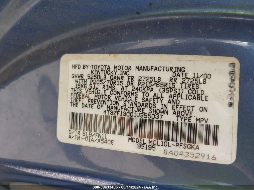 2001 Toyota Sienna Le VIN: 4T3ZF13C01U355037 Lot: 39633405