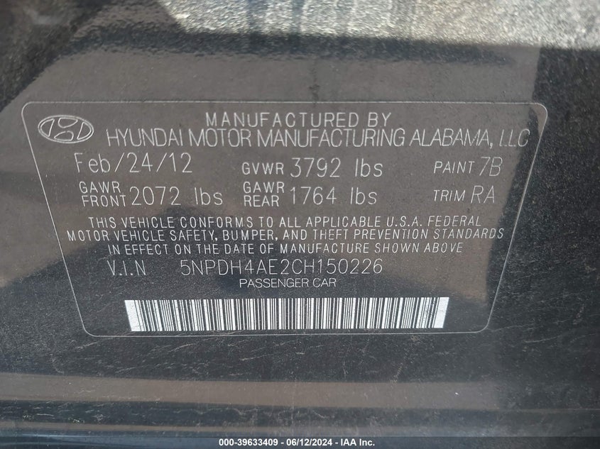 2012 Hyundai Elantra Limited VIN: 5NPDH4AE2CH150226 Lot: 39633409