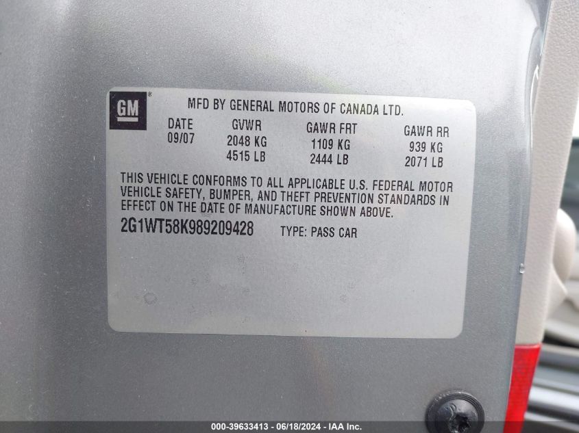 2008 Chevrolet Impala Lt VIN: 2G1WT58K989209428 Lot: 39633413