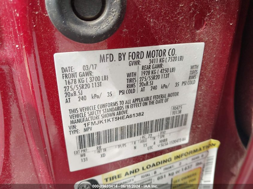 2017 Ford Expedition El Limited VIN: 1FMJK1KT5HEA61382 Lot: 39633414