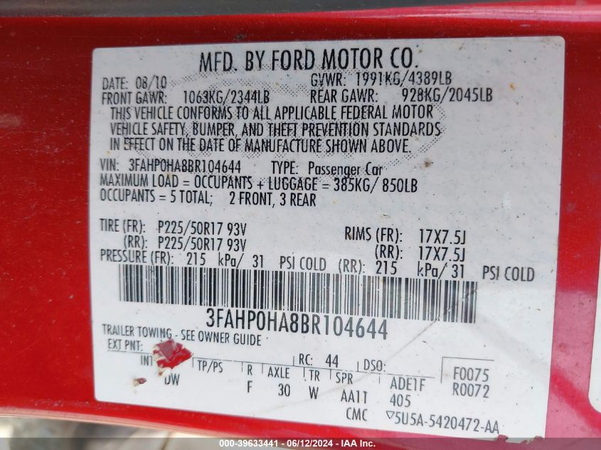 2011 Ford Fusion Se VIN: 3FAHP0HA8BR104644 Lot: 39633441