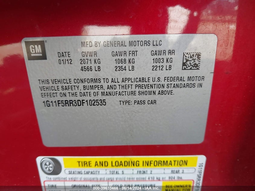 2013 Chevrolet Malibu Eco Premium Audio VIN: 1G11F5RR3DF102535 Lot: 39633466