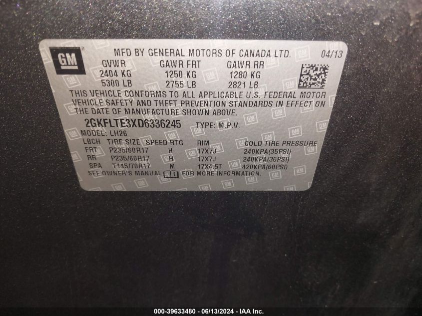 2013 GMC Terrain Sle-2 VIN: 2GKFLTE3XD6336245 Lot: 39633480