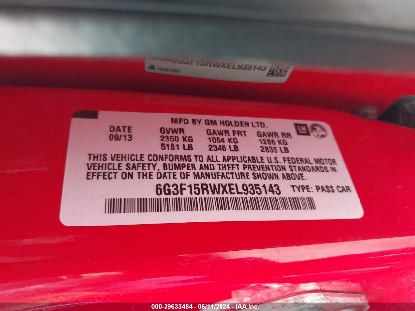 2014 Chevrolet Ss VIN: 6G3F15RWXEL935143 Lot: 39633484