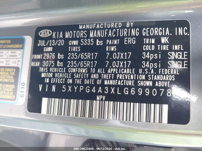 2020 Kia Sorento 2.4L L VIN: 5XYPG4A3XLG699078 Lot: 39633485