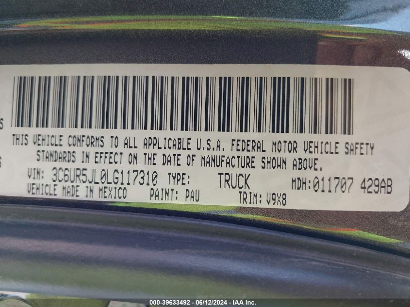 2020 Ram 2500 Big Horn 4X4 8' Box VIN: 3C6UR5JL0LG117310 Lot: 39633492