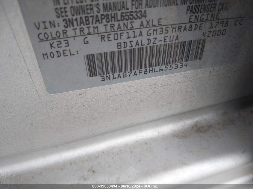 2017 Nissan Sentra Sv VIN: 3N1AB7AP8HL655334 Lot: 39633494