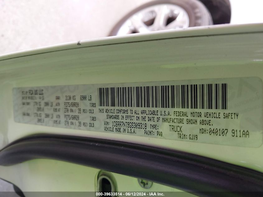 2016 Ram 1500 Laramie VIN: 1C6RR7NT9GS309318 Lot: 39633514