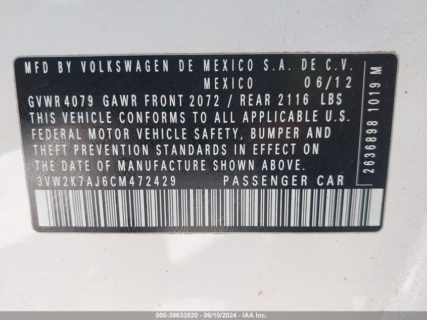 2012 Volkswagen Jetta 2.0L S VIN: 3VW2K7AJ6CM472429 Lot: 39633520