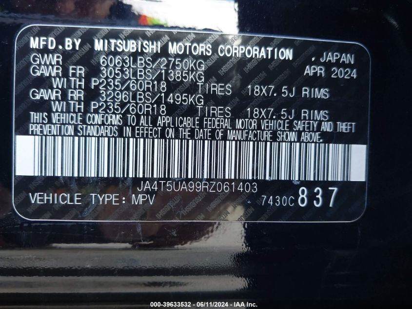 2024 Mitsubishi Outlander Es VIN: JA4T5UA99RZ061403 Lot: 39633532