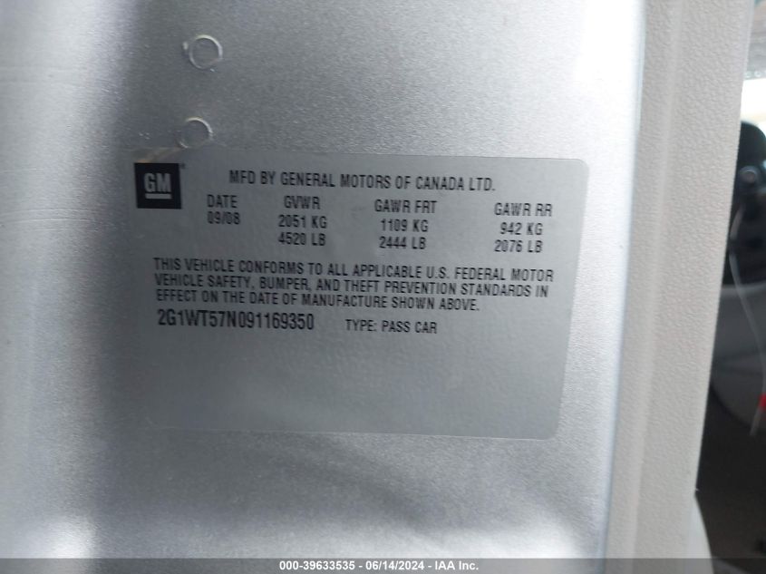 2009 Chevrolet Impala Lt VIN: 2G1WT57N091169350 Lot: 39633535