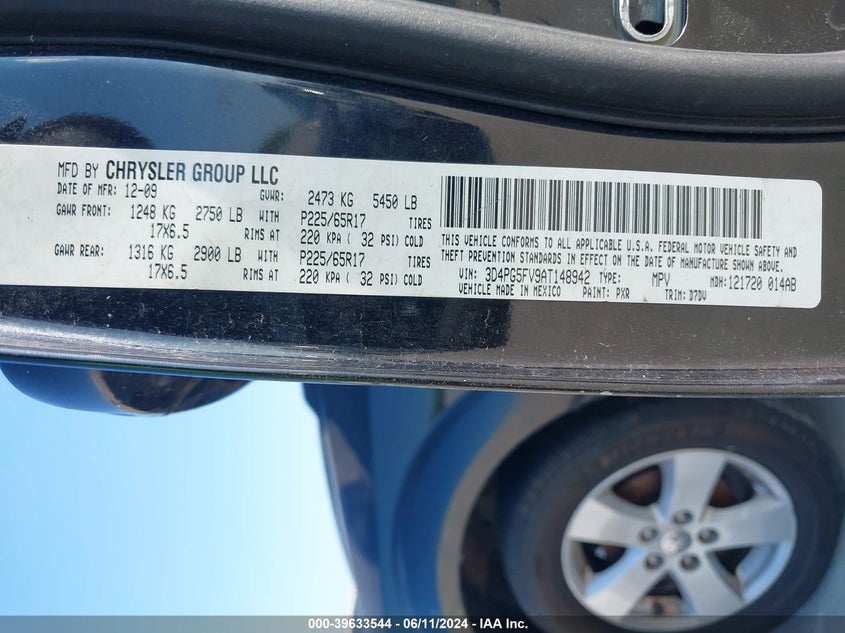 2010 Dodge Journey Sxt VIN: 3D4PG5FV9AT148942 Lot: 39633544