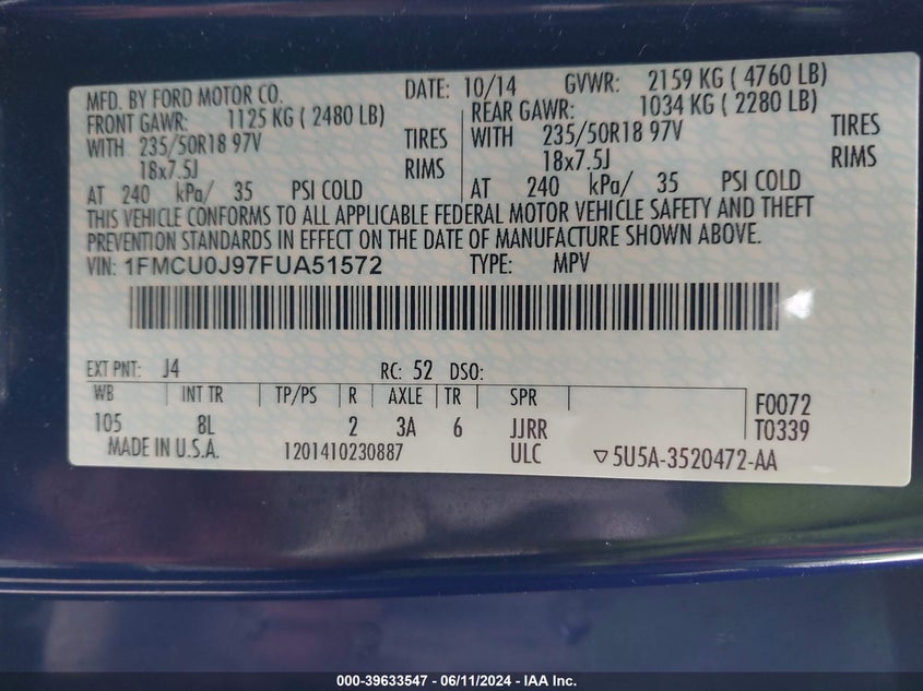 2015 Ford Escape Titanium VIN: 1FMCU0J97FUA51572 Lot: 39633547